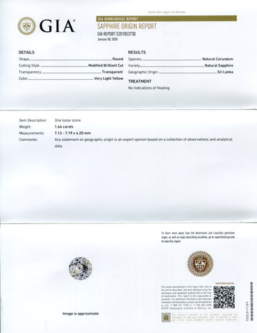 1.64 ct Round Pastel Yellow Sapphire GIA Certified Sri Lankan Unheated