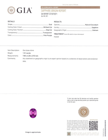 1.51ct Oval Vivid Pink-Purple Sapphire GIA Certified Vietnam
