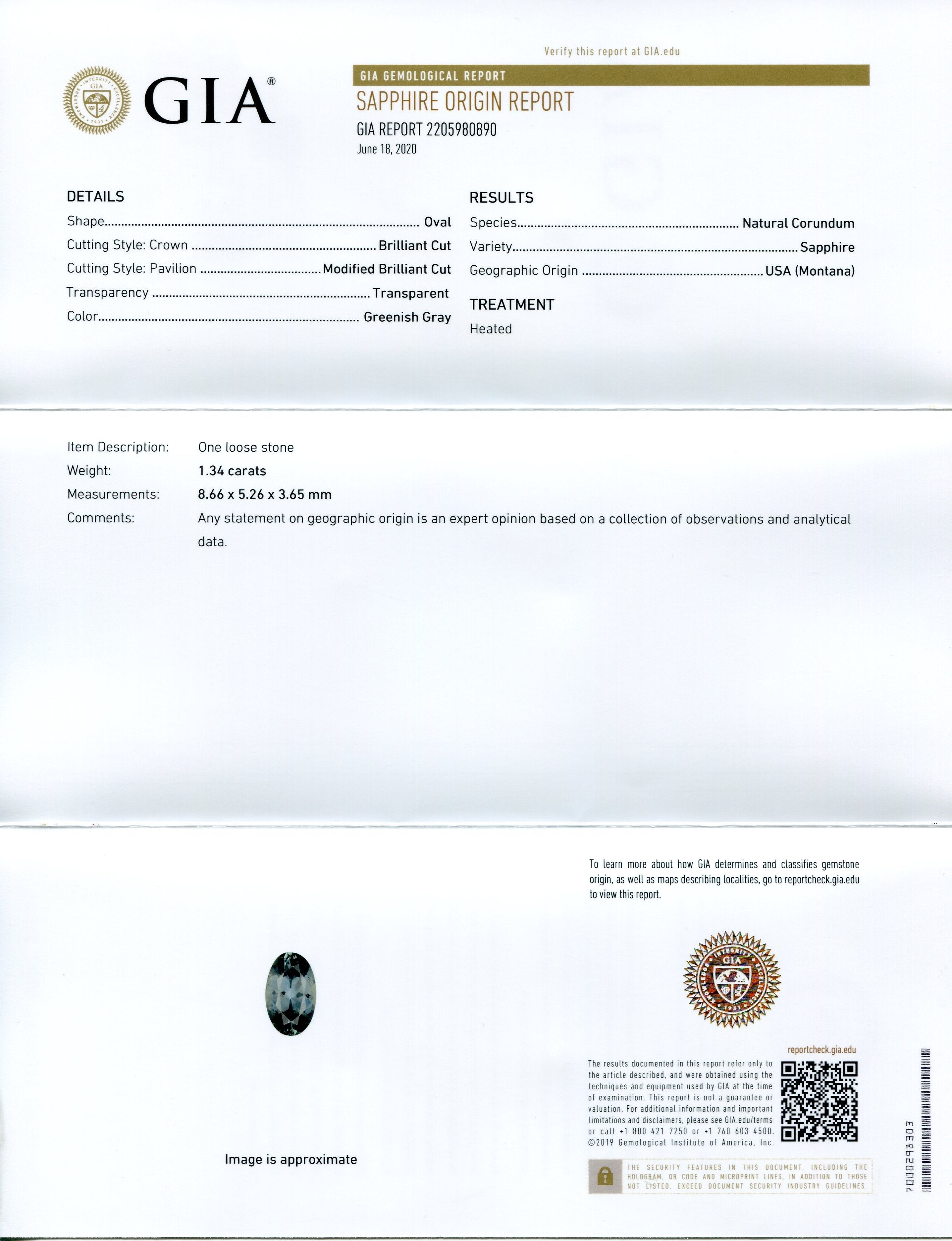 1.34ct Oval Greenish Gray Teal Sapphire GIA Certified USA (Montana) - Skyjems Wholesale Gemstones