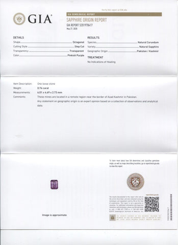 0.76ct Octagonal Pinkish Purple Sapphire GIA Certified Pakistan / Kashmir Unheated