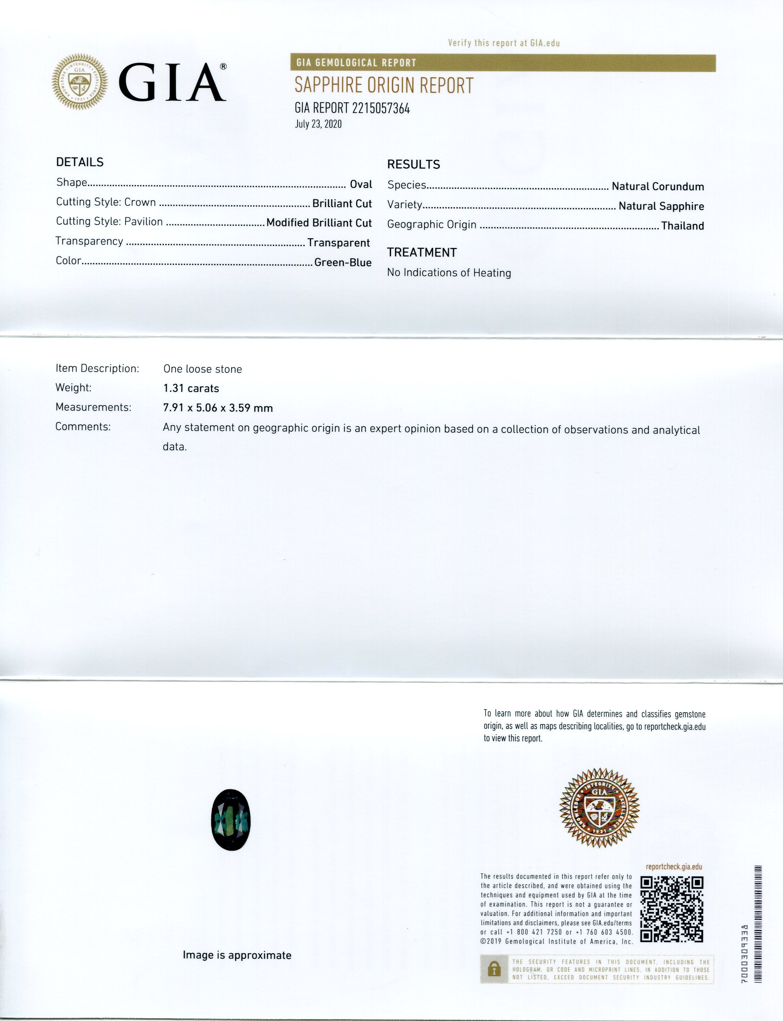 1.31ct Oval Teal Blue Sapphire GIA Certified Thailand Unheated - Skyjems Wholesale Gemstones