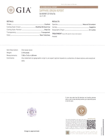 2.18ct Cushion White Sapphire GIA Certified Sri Lanka