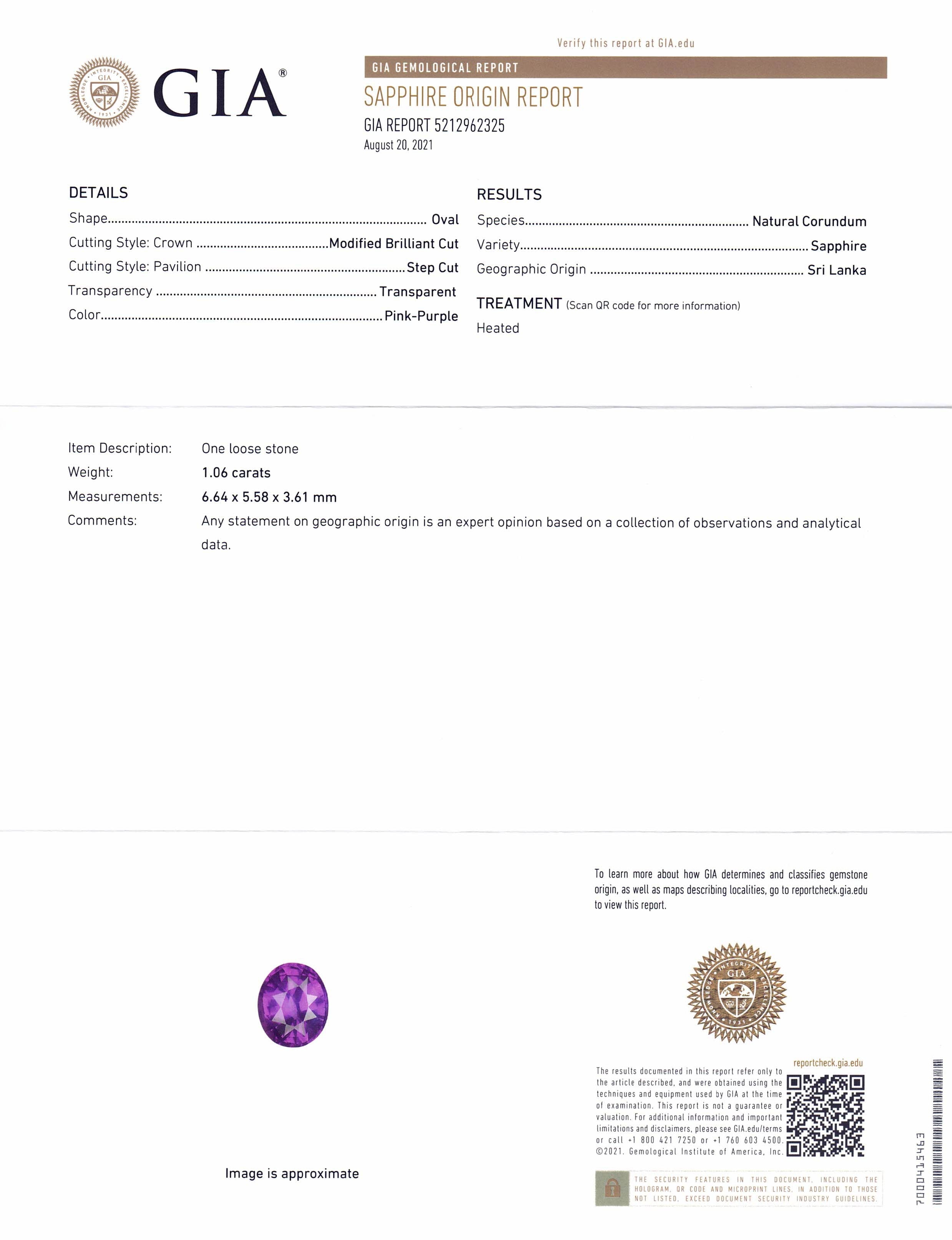 1.06ct Oval Vivid Pink-Purple Sapphire GIA Certified Sri Lanka - Skyjems Wholesale Gemstones