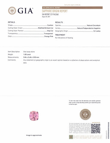 1ct Cushion Orangy Pink Padparadscha Sapphire GIA Certified Sri Lanka Unheated