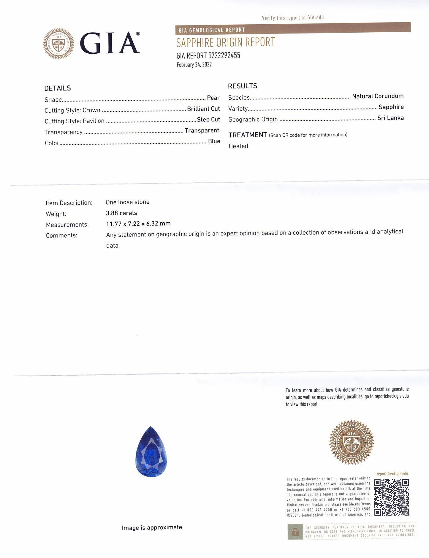 3.88ct Pear Blue Sapphire GIA Certified Sri Lanka - Skyjems Wholesale Gemstones