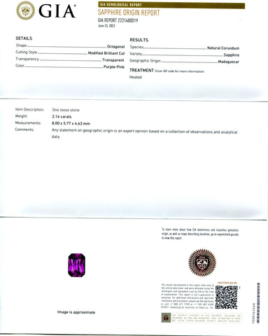 2.16ct Octagonal Purple-Pink Sapphire GIA Certified Madagascar
