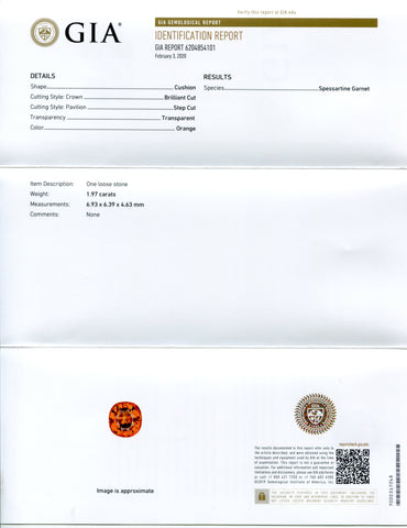 1.97 ct Fanta Orange Spessartine/Spessartite Garnet Cushion, GIA Certified