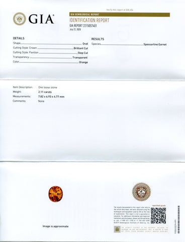 2.11ct Vivid Fanta Orange Spessartine/Spessartite Garnet Oval, GIA Certified