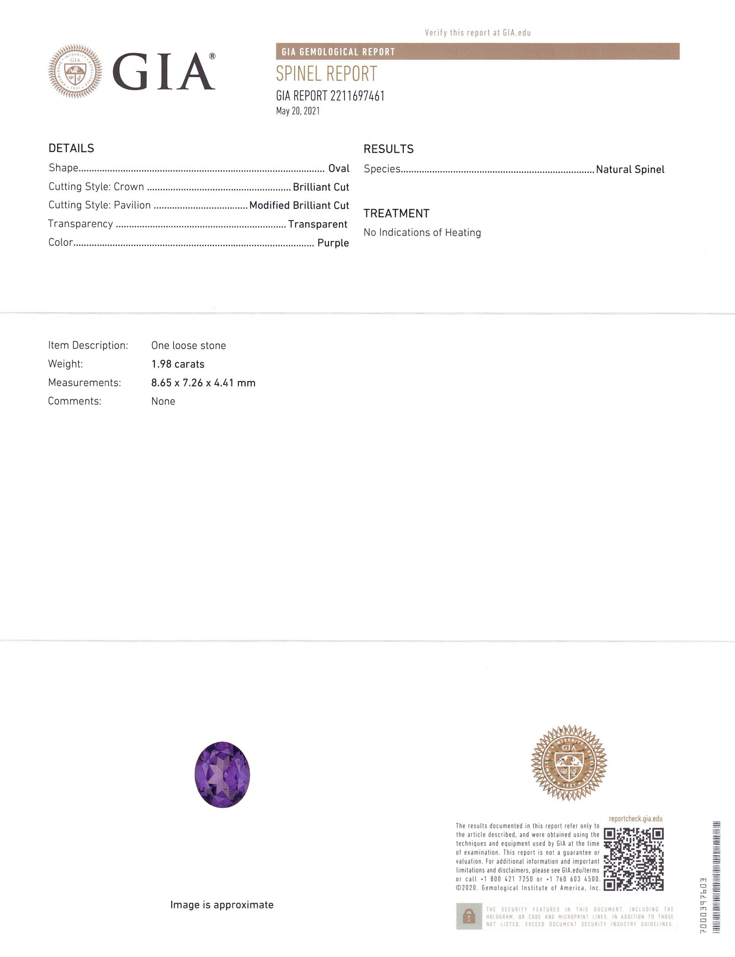 1.98ct Natural Purple Oval Spinel, GIA Certified Unheated Gemstone from SkyJems Canadian Gem Experts