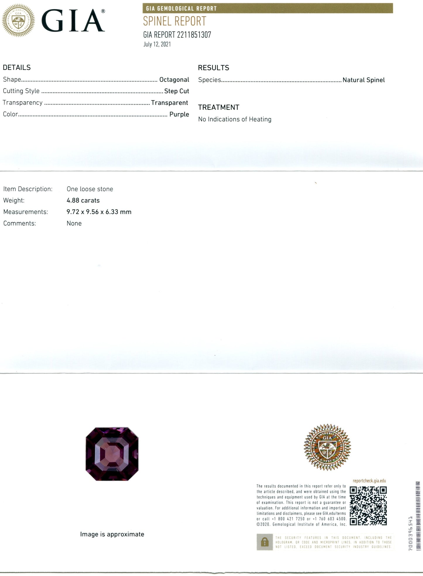 4.88ct Octagonal/Emerald Cut Purple Spinel GIA Certified Unheated - Skyjems Wholesale Gemstones