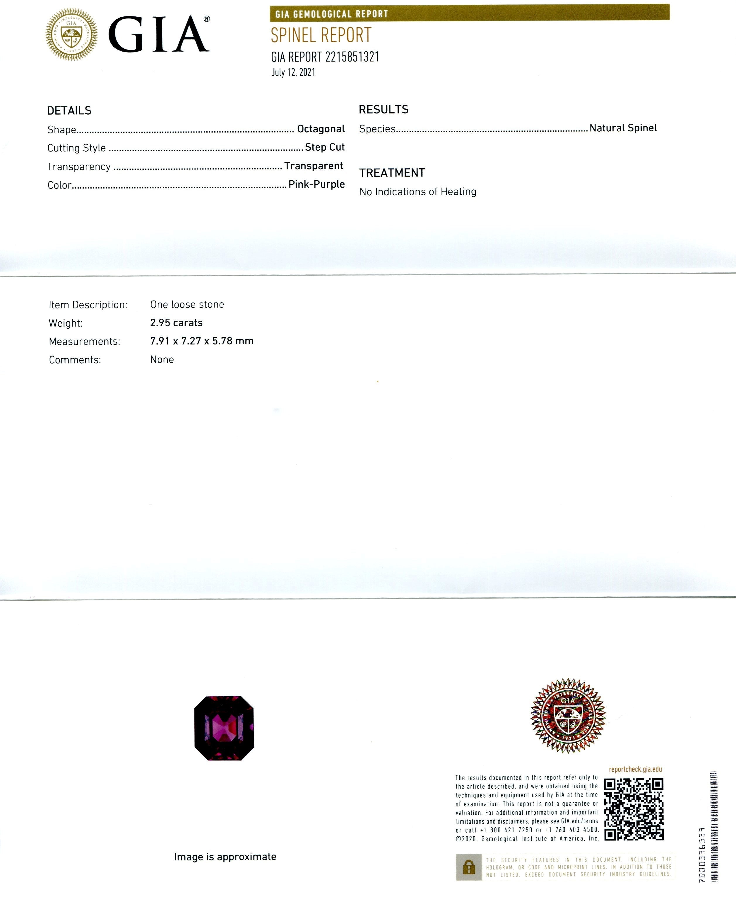 2.95ct Octagonal/Emerald Cut Pink-Purple Spinel GIA Certified Unheated - Skyjems Wholesale Gemstones