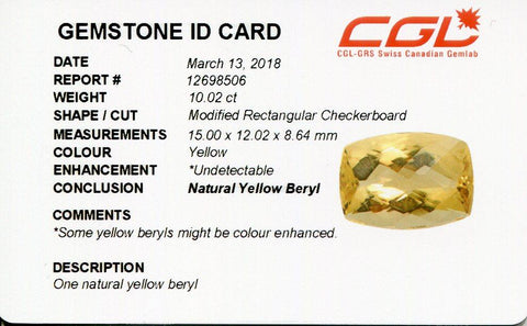 10.02 ct Cushion Checkerboard Heliodor/Golden Beryl CGL-GRS Certified