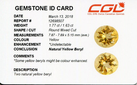3.40 ct Pair Round Heliodor/Golden Beryl CGL-GRS Certified