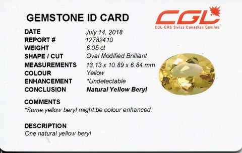 6.05 ct Oval Heliodor/Golden Beryl CGL-GRS Certified