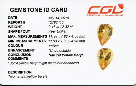 4.48 ct Pair Pear Shape Heliodor/Golden Beryl CGL-GRS Certified