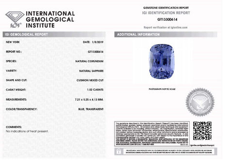 1.52 ct Cushion Blue Sapphire IGI Certified Unheated