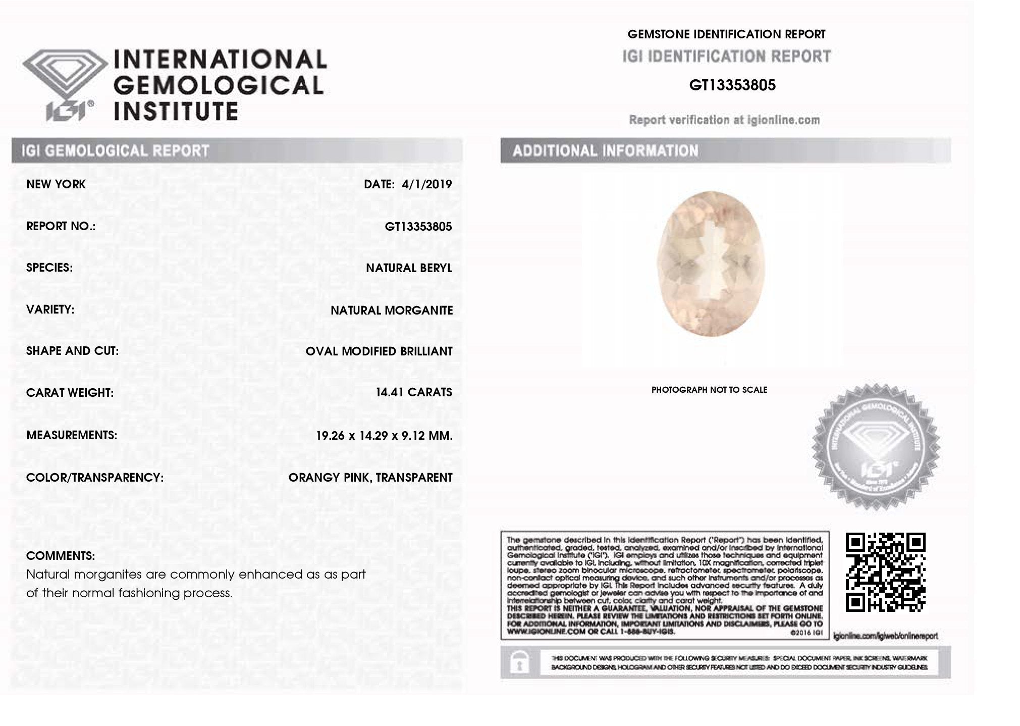 14.41 ct Orangy Pink Morganite Oval Gemstone, IGI Certified Canadian Fine Gem by SkyJems