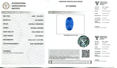 1.58 ct Oval Blue Sapphire IGI Certified Unheated