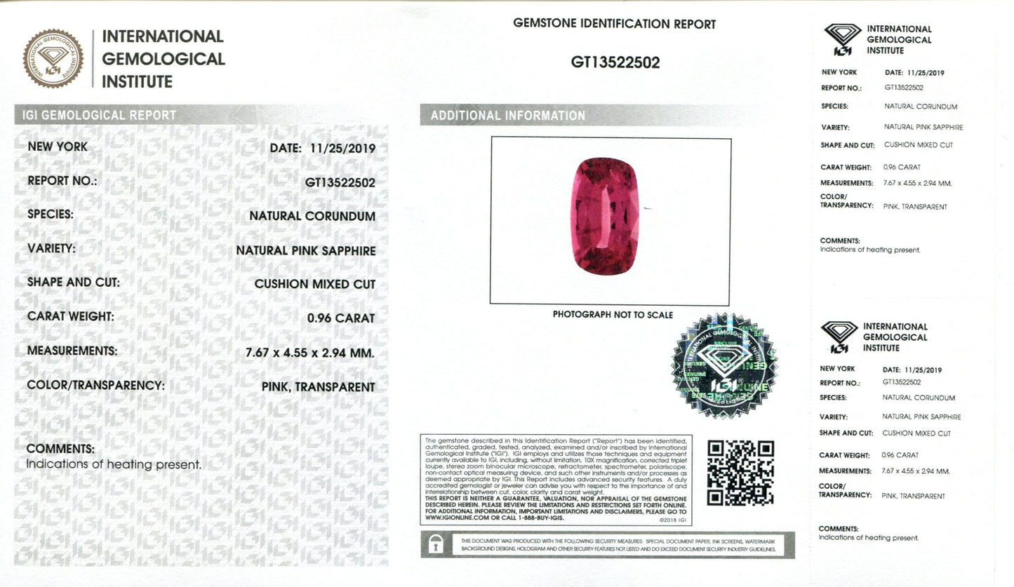 0.96 ct Cushion Pink Sapphire IGI Certified - Skyjems Wholesale Gemstones