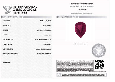 7.68 ct Purple Tourmaline Pear IGI Certified