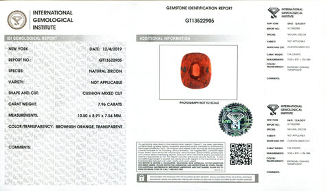 7.96 ct Cushion Orange Natural Zircon IGI Certified