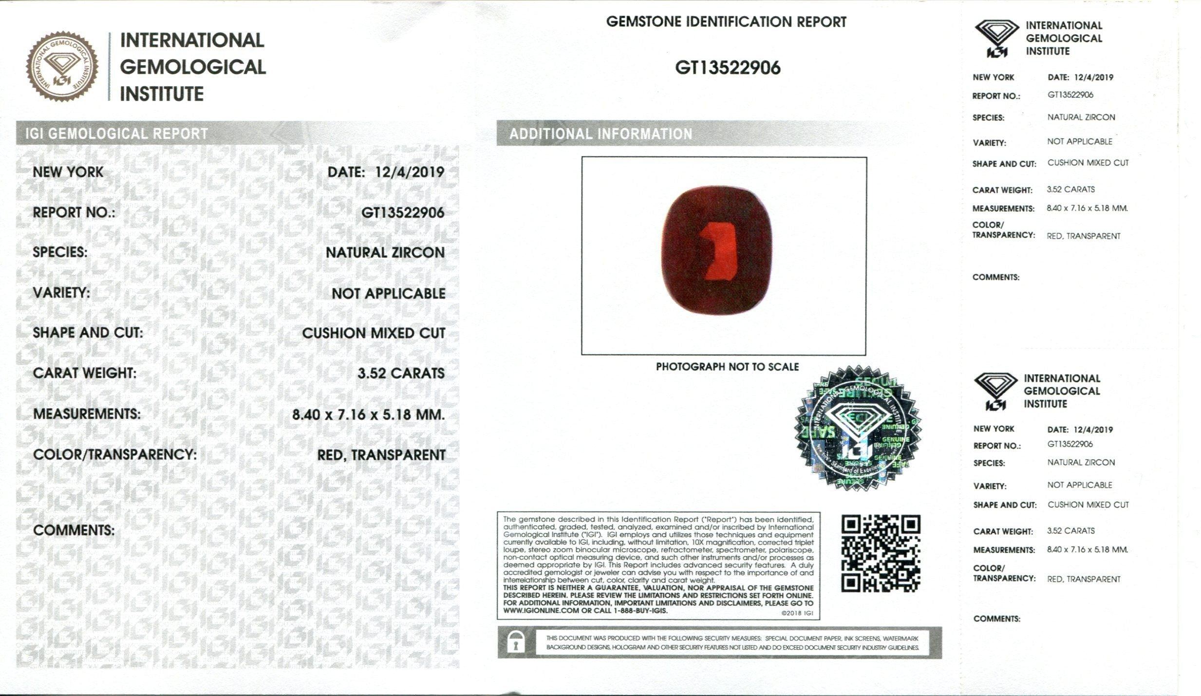 Rare 3.52 ct Cushion Red Natural Zircon gemstone, IGI certified, from SkyJems Canadian gem specialists since 1967