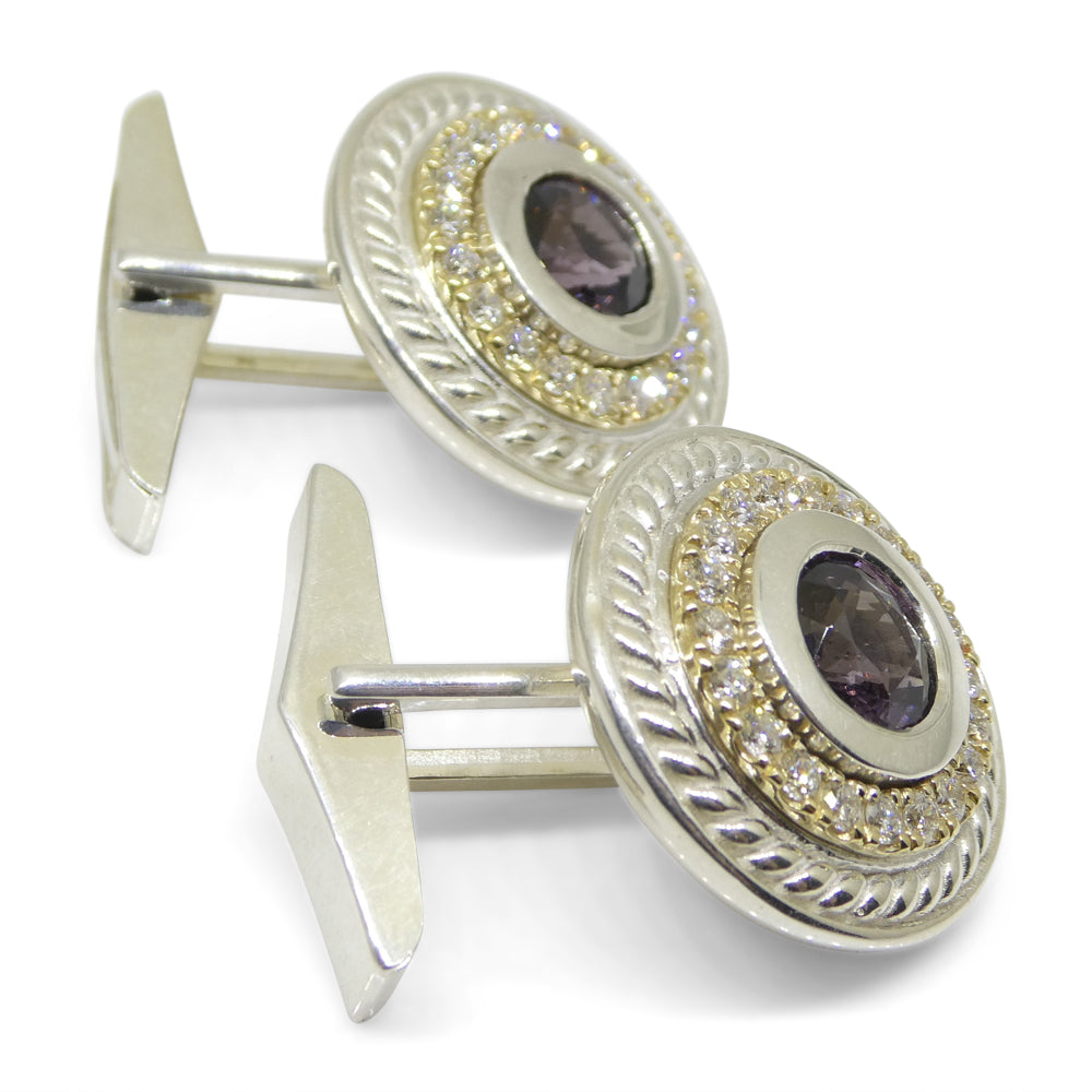 3.42ct Purple Spinel & Diamond Cufflinks set in 925 Sterling Silver and 14kt Yellow Gold - Skyjems Wholesale Gemstones