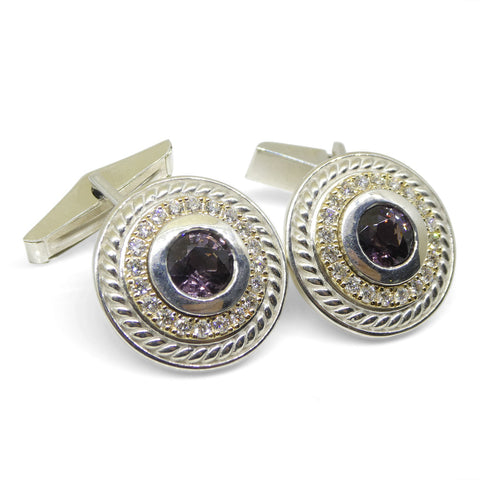 3.42ct Purple Spinel & Diamond Cufflinks set in 925 Sterling Silver and 14k Yellow Gold