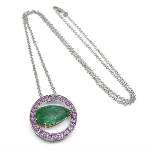 3.55ct Emerald, Pink Sapphire Pendant set in 14k White and Yellow Gold