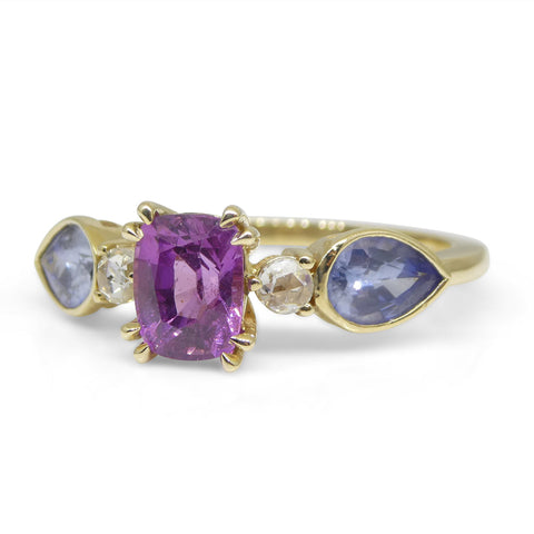 1.22ct Purple & Blue Sapphire, Diamond Statement or Engagement Ring set in 14k Yellow Gold