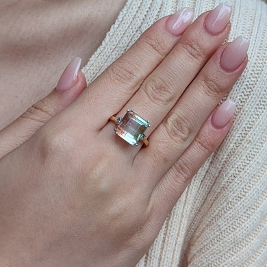 7.85ct Bi-Colour Tourmaline, Pink & Green Diamond Ring set in 14k Yellow Gold - Skyjems Wholesale Gemstones