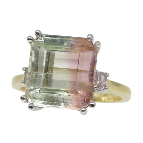 7.85ct Bi-Colour Tourmaline, Pink & Green Diamond Statement or Engagement Ring set in 14k Yellow Gold