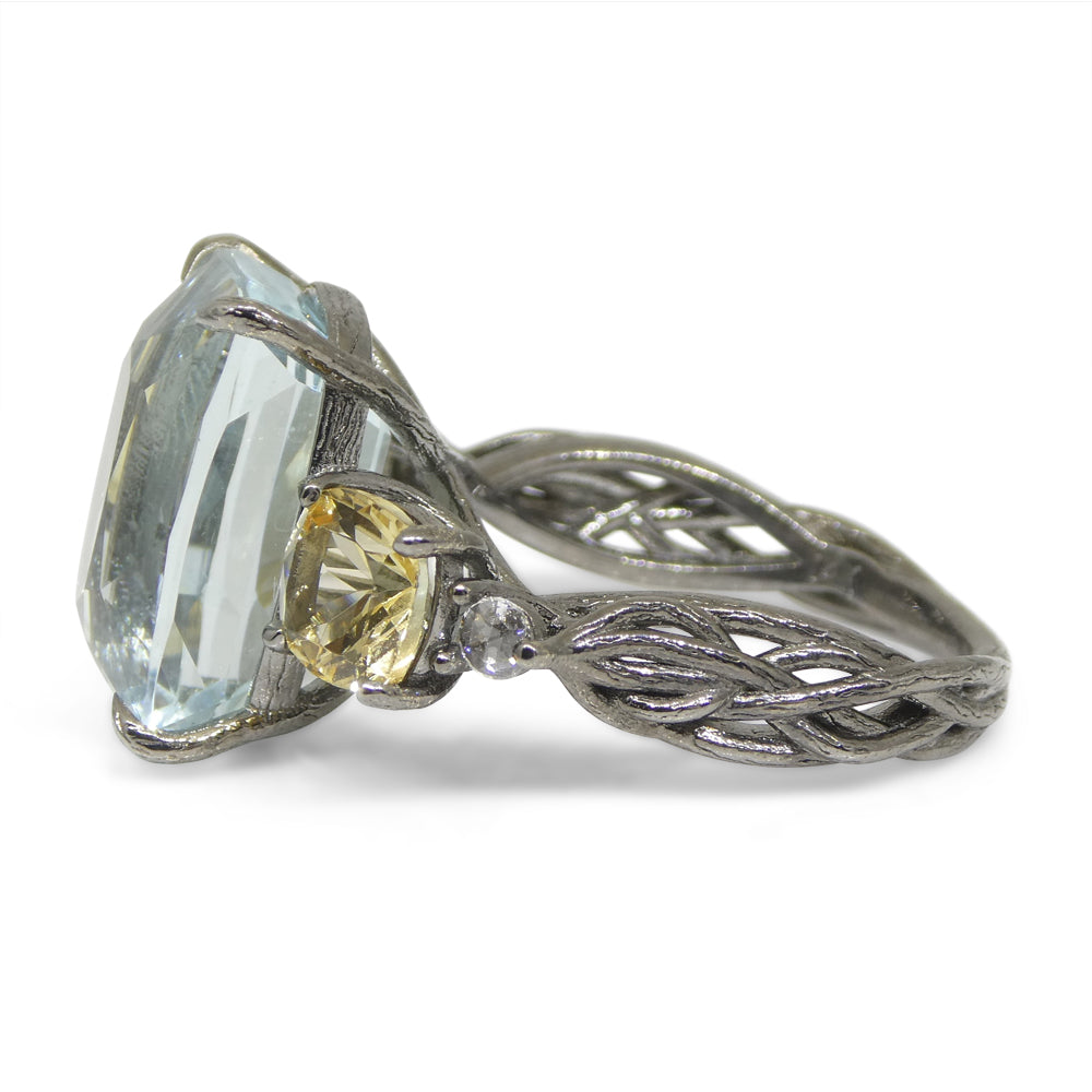 11.67ct Aquamarine, Heliodor & Diamond Vine Ring set in 14k Black Gold - Skyjems Wholesale Gemstones