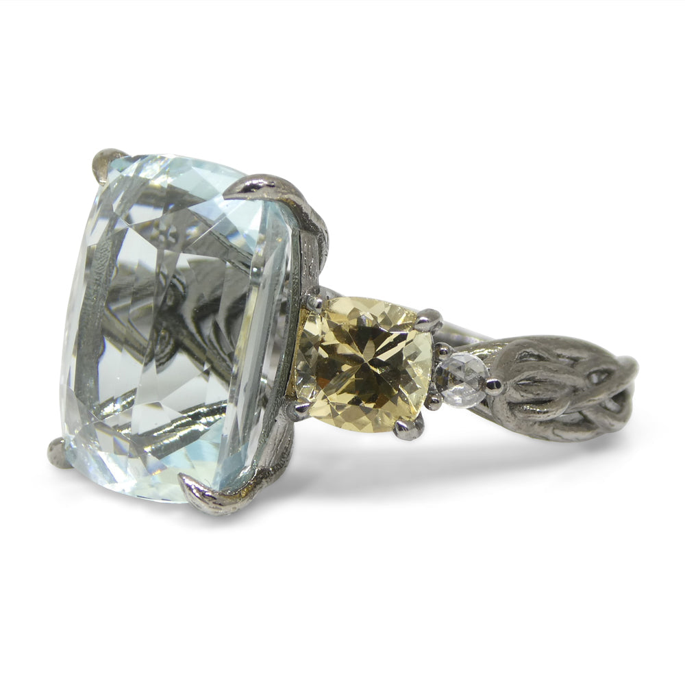 11.67ct Aquamarine, Heliodor & Diamond Vine Ring set in 14k Black Gold - Skyjems Wholesale Gemstones