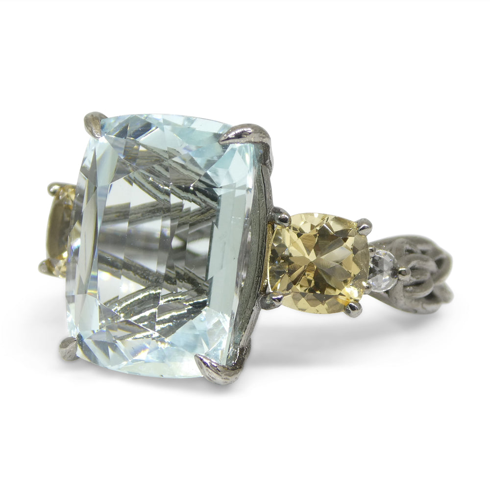 11.67ct Aquamarine, Heliodor & Diamond Vine Ring set in 14k Black Gold - Skyjems Wholesale Gemstones