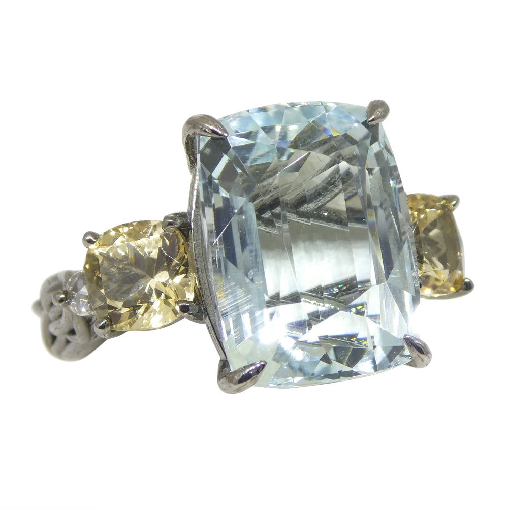 11.67ct Aquamarine, Heliodor & Diamond Vine Ring set in 14k Black Gold - Skyjems Wholesale Gemstones