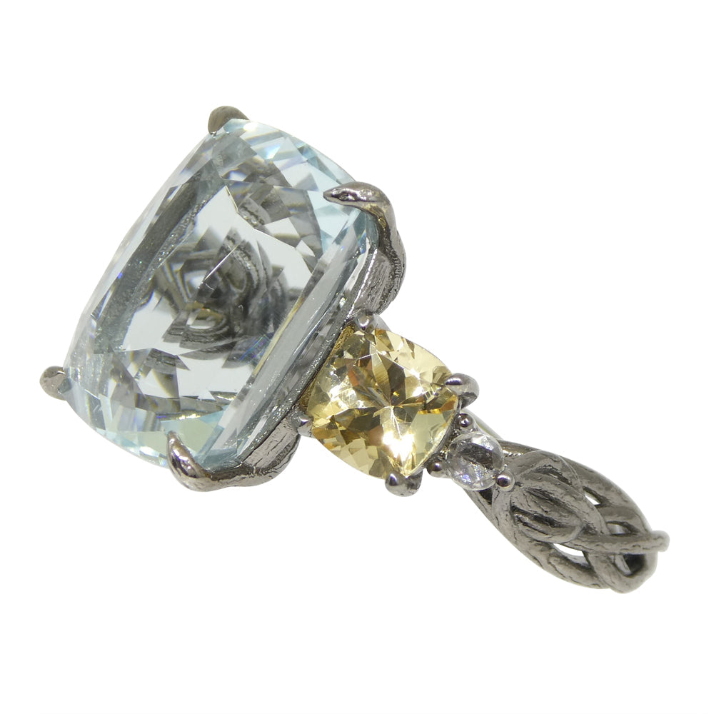 11.67ct Aquamarine, Heliodor & Diamond Vine Ring set in 14k Black Gold - Skyjems Wholesale Gemstones