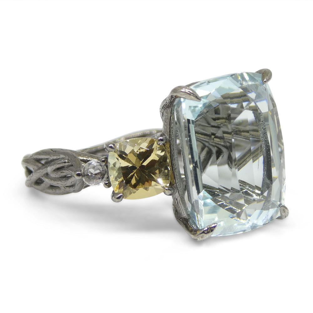 11.67ct Aquamarine, Heliodor & Diamond Vine Ring set in 14k Black Gold - Skyjems Wholesale Gemstones