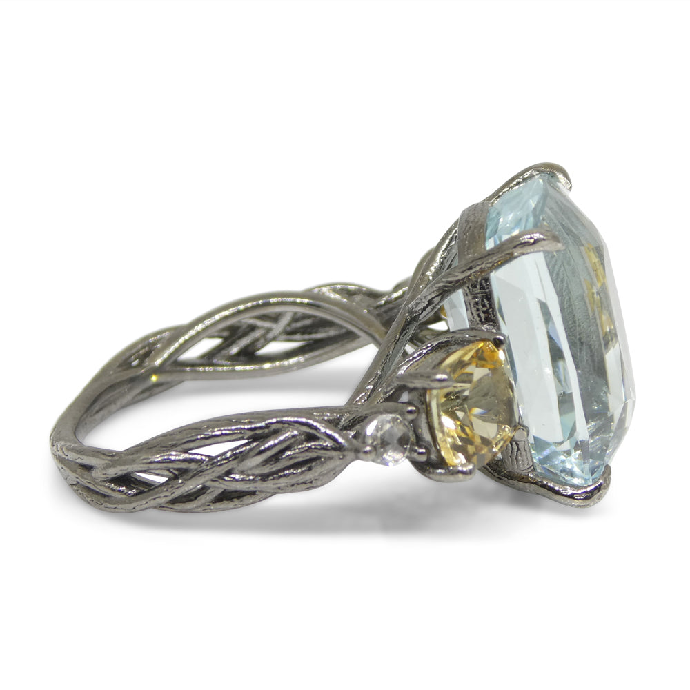 11.67ct Aquamarine, Heliodor & Diamond Vine Ring set in 14k Black Gold - Skyjems Wholesale Gemstones