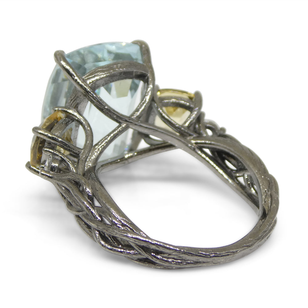 11.67ct Aquamarine, Heliodor & Diamond Vine Ring set in 14k Black Gold - Skyjems Wholesale Gemstones