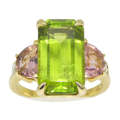 6.62ct Peridot, Pink Tourmaline & Diamond Ring set in 14k Yellow Gold - Skyjems Wholesale Gemstones