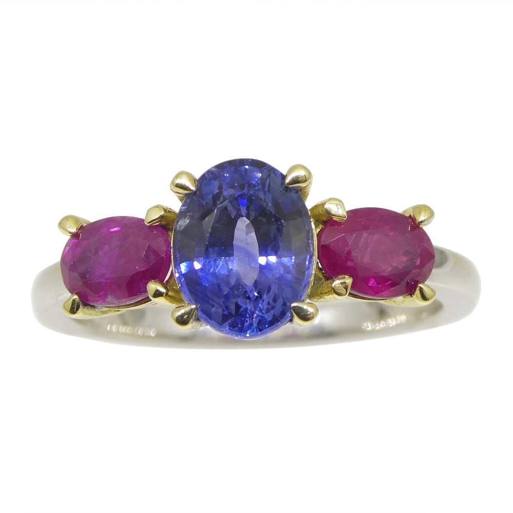 1.ct Blue Sapphire, Ruby Ring set in k White and Yellow Gold
