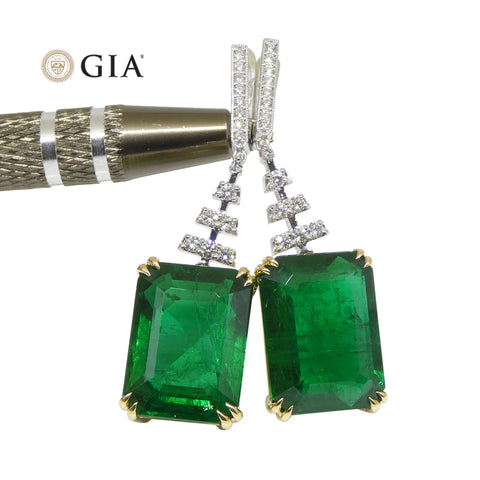 23.38ct Emerald & Diamond Earrings in 18K White and Yellow Gold, GIA Certified Zambia