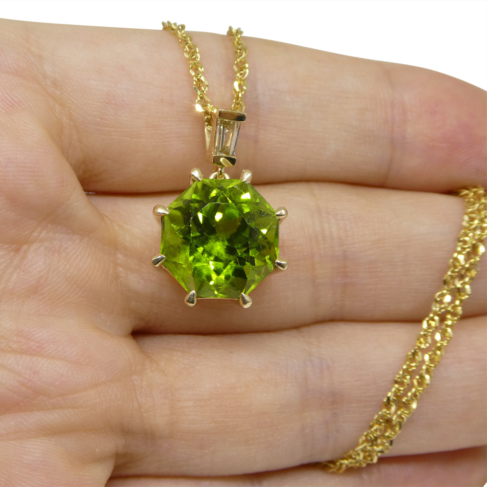 9.60ct Peridot, Diamond Pendant and Chain Necklace set in 14k Yellow Gold - Skyjems Wholesale Gemstones