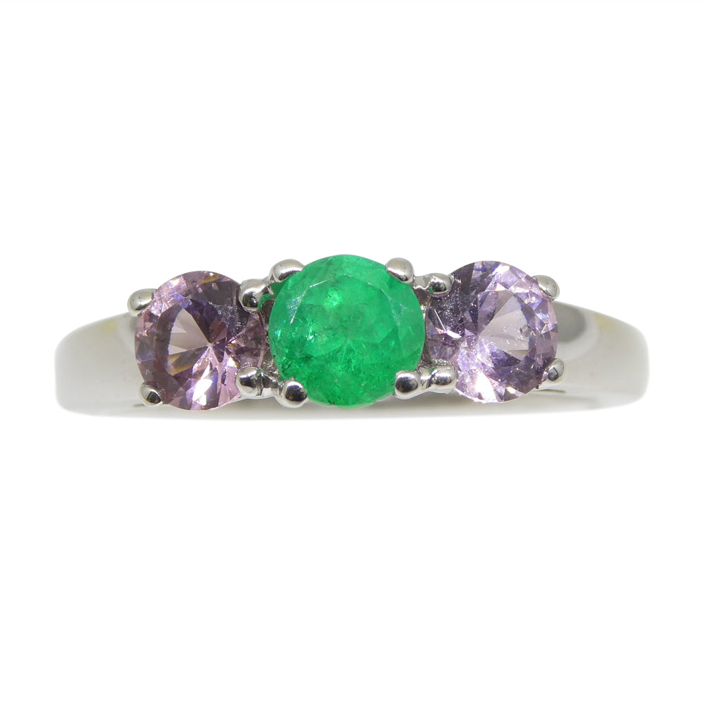 0.48ct Colombian Emerald, Spinel Three Stone Statement or Engagement Ring set in 14k White Gold