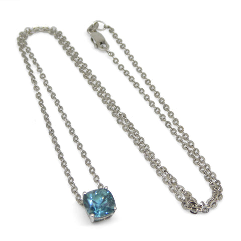 1.92ct Cushion Blue Zircon Pendant and Chain Necklace set in 14k White Gold