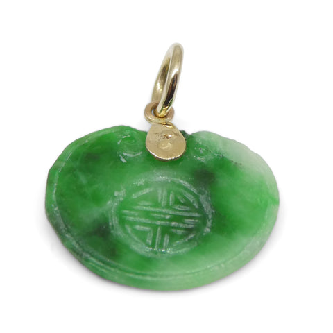 2.07ct Green Jadeite Jade Carving Pendant Charm set in 14k Yellow Gold