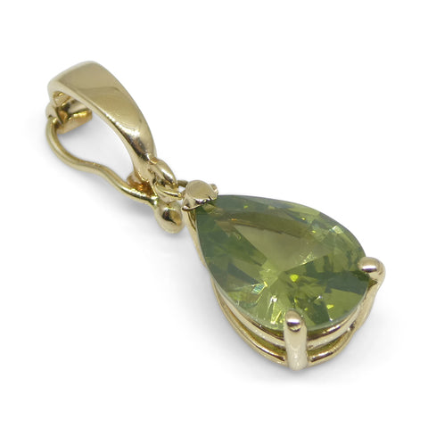 1.73ct Pear Yellowish Green Zircon Pendant Charm set in 14k Yellow Gold with Enhancer Bail