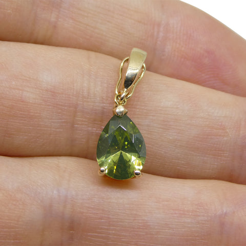 1.73ct Pear Yellowish Green Zircon Pendant Charm set in 14k Yellow Gold with Enhancer Bail