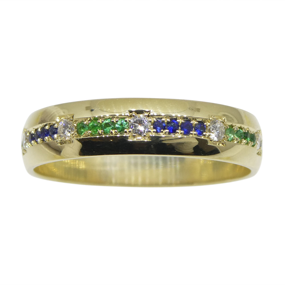0.55ct Blue Sapphire, Emerald, Diamond Starry Night Wedding Ring set in 14k Yellow Gold
